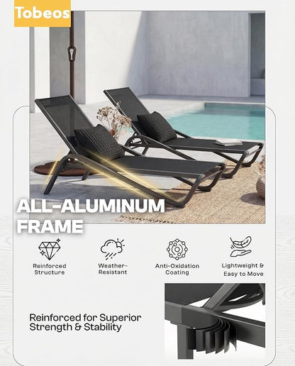 Outdoor Chaise Lounge Chair Set of 2 with Side Table, 5-Position Adjustable Patio Lounge Chair with Aluminum Frame, Textilene Fabric Pool Loung Chairs for Poolside, Deck, Backyard (Black)
