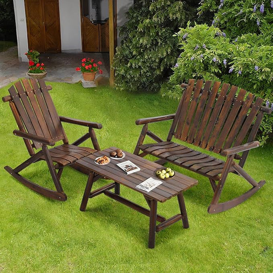 3-Piece Outdoor Wood Rocking Bistro Set, Rustic Wooden Conversation Set Including 2-Seater Loveseat, Log Rocker Chair and Coffee Table, Patio Furniture Chair Set for Lawn Yard, Carbonized