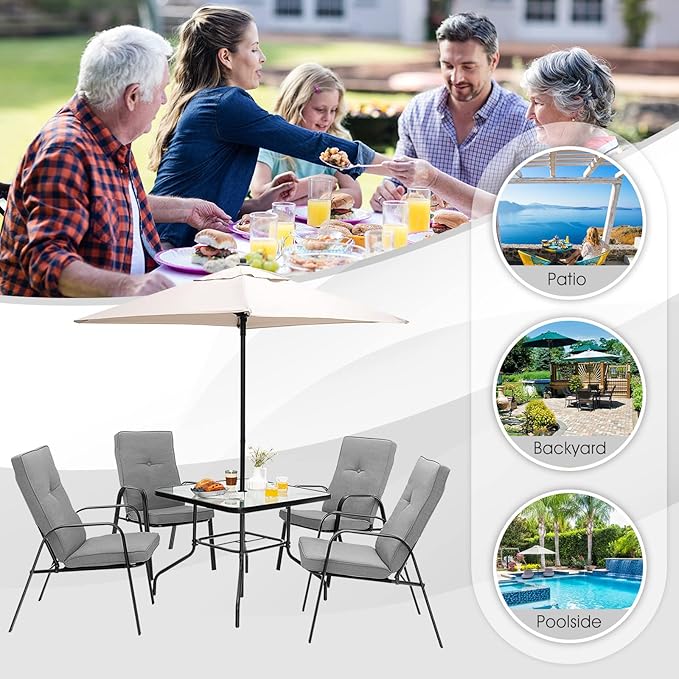Tangkula 35" Glass Top Patio Dining Table for 4, Square Outdoor Table with Tempered Glass Tabletop, 1.65" Umbrella Hole & Metal Frame, 4-Person Outside Dining Table for Backyard, Lawn, Deck & Poolside