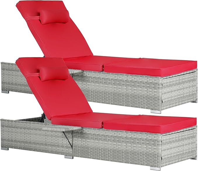 Outdoor Chairs Set of 2, Wicker Patio Furniture Chaise Lounge, Pool Lounge Chairs with Adjustable Backrest, Beach Rattan Recliners for Outside Poolside, Backyard, Garden & Tanning, Red 2