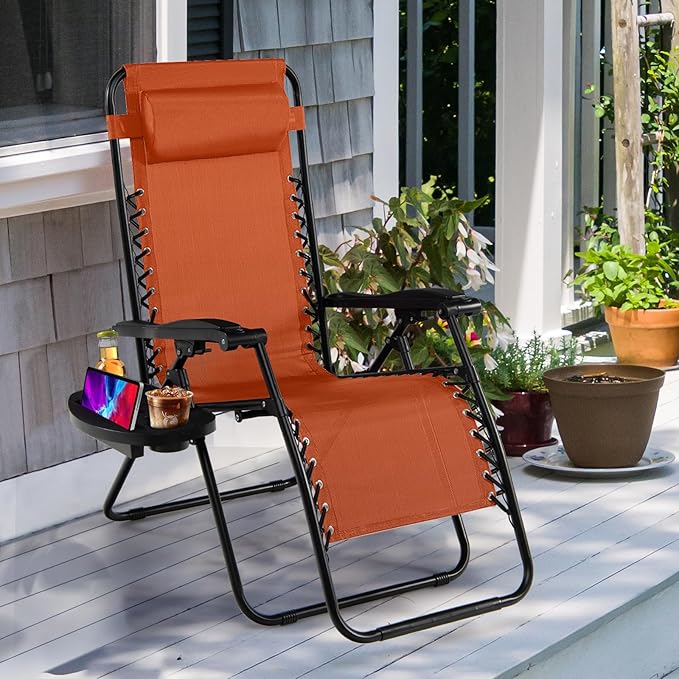 Goplus Zero Gravity Lounge Chairs, 160°Adjustable Folding Recliner w/Pillow and Cup Holder, 350LBS Comfy Outdoor Lounge Chairs for Patio, Lawn, Yard & Camp(1, Orange)