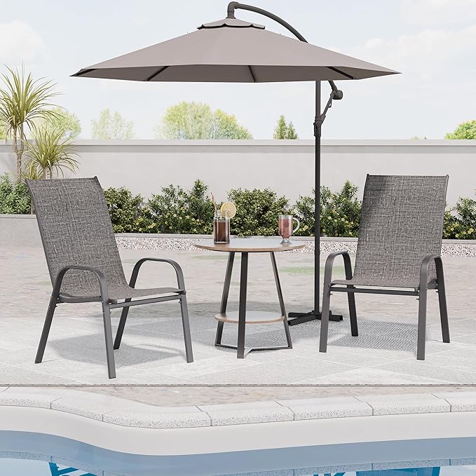 Patio Chairs Set of 2, Outdoor Dining Chairs Stackable for All Weather, Breathable Metal Modern Outside Furniture Chair for Pool Side, Garden, Backyard Deck, Dark Grey