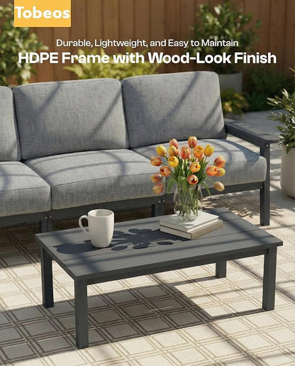 HDPE 5 Piece Patio Furniture Set, Outdoor Couch with Washable Thick Gray Cushions & Coffee Table & Side Table, Outdoor Sectional Furniture for Backyard, Deck, Lawn, Porch (Gray Frame)