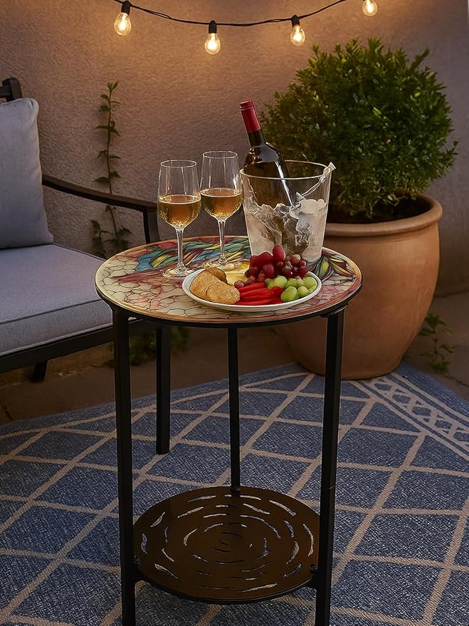 2-Tier Metal Round Side Table Black Accent Coffee Tables Small Space Corner Plant Stand Shelf for Indoor Outdoor Use - Photo 8