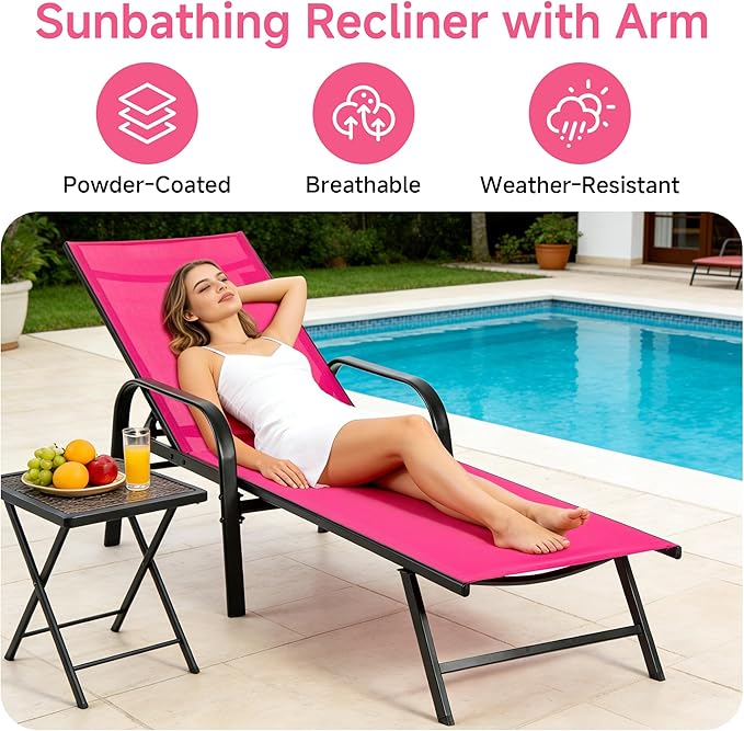 DUMOS Foldable Chaise Lounge Chair, 5-Position Beach Lounge Recliner Chair with Armrests, Outdoor Sun Chairs with Metal Frame for Patio Backyard Poolside Seating, Pink