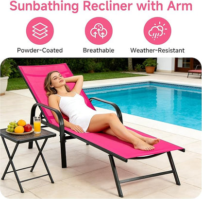 DUMOS Foldable Chaise Lounge Chair, 5-Position Beach Lounge Recliner Chair with Armrests, Outdoor Sun Chairs with Metal Frame for Patio Backyard Poolside Seating, Pink