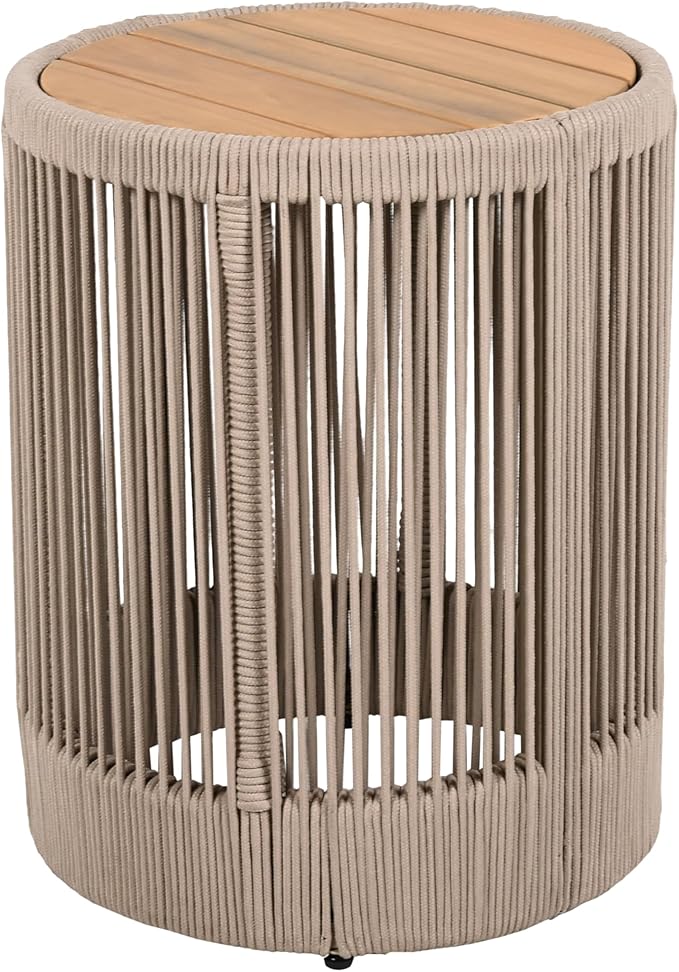 15" Outdoor Rustic Side Table,Rattan Rope & Acacia Wood End Table with Round Top & Iron Frame, Easy Assembly, Versatile Weather-Resistant Patio Furniture for Garden, Yard, Balcony, Beige Teak