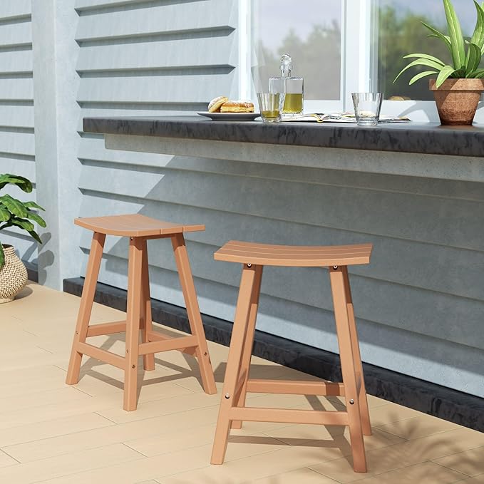 Costaelm All-Weather Bar Stools Set of 2, 24" Height Outdoor Bar Stools, Adirondack Poly Patio Bar Stool for Patio, Deck, Kitchen Counter and Garden, Teak
