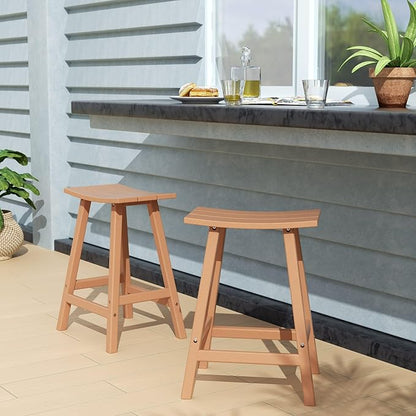 Costaelm All-Weather Bar Stools Set of 2, 24" Height Outdoor Bar Stools, Adirondack Poly Patio Bar Stool for Patio, Deck, Kitchen Counter and Garden, Teak