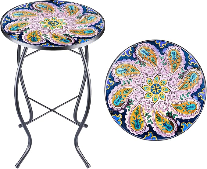 VCUTEKA Outdoor Side Table Mosaic End Table Patio Side Table Small End Table Glass Top Round Balcony Coffee Table Porch Indoor Glass Top