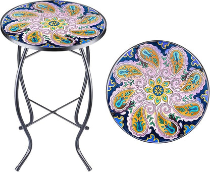 VCUTEKA Outdoor Side Table Mosaic End Table Patio Side Table Small End Table Glass Top Round Balcony Coffee Table Porch Indoor Glass Top