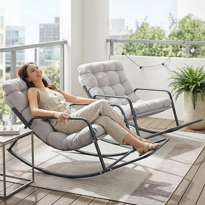 NICESOUL Set of 2 Papasan Rocking Chair with Footrest, Outdoor Rocking Chair with Cushion, Oversized Patio Rocker, Modern Lounge Comfort, Heavy Duty Steel Frame, Indoor Porch, Grey
