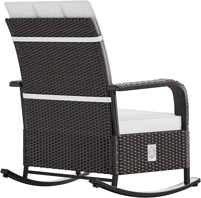 YITAHOME Outdoor Rocking Chair, Wicker Lounge Chair with Adjustment Backrest, PE Rattan Patio Recliner with Adjustable Footrest and Soft Cushions, Ideal for Garden Backyard Porch Patio