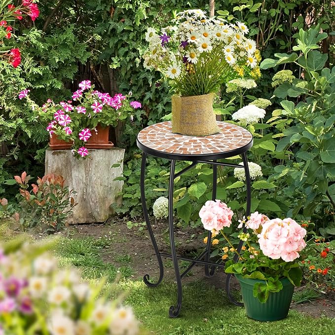 VINGLI Mosaic Outdoor Side Table, 14" Round End Table, Accent Table, Plant Stand Ideal for Pool Side, Porch, Patio - Photo 9