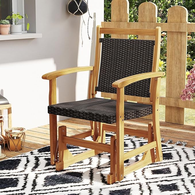 HAPPYGRILL Outdoor Glider Chair Acacia Wood Porch Glider with Rattan Seat and Backrest, Swing Rocking Armchair for Patio - Photo 2