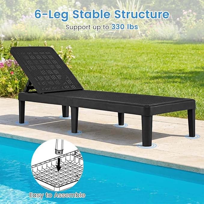 Tangkula Outdoor Chaise Lounger Chair Set of 2, 4-Position Reclining Chair with Waterproof Rattan Textured PP Surface, 330 lbs Capacity & Easy Assembly for Pool Garden Deck Beach (Black)