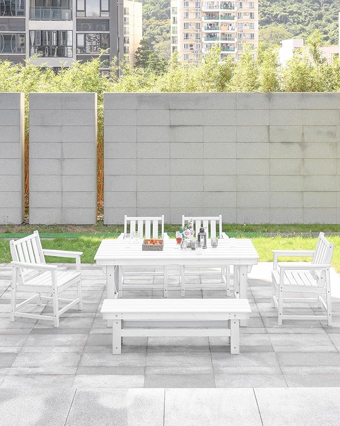 HDPE Outdoor Dining Set of 6, Patio Dining Table Set with 4 Chairs and 1 Bench - Photo 9