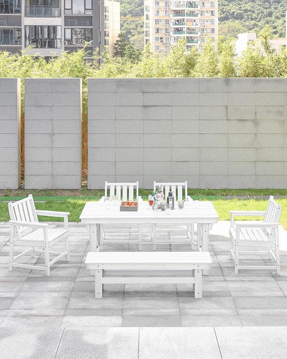 HDPE Outdoor Dining Set of 6, Patio Dining Table Set with 4 Chairs and 1 Bench, 6 Pieces HDPE Dining Set with Umbrella Hole, Outdoor Furniture Sets for Deck, Poolside, Garden, Pearl