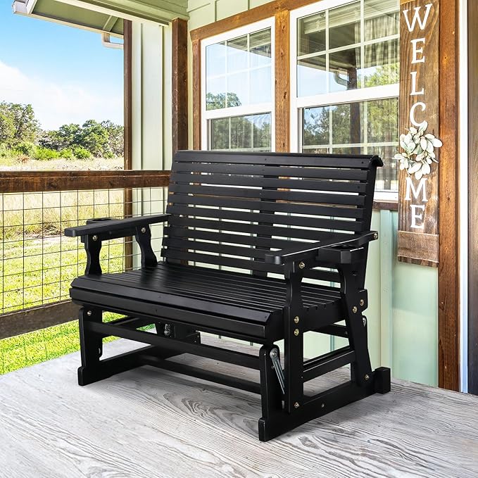VINGLI Outdoor Glider Wood Patio Chair with Cup Holders, Outdoor Bench Glider Loveseat with Smooth Rocking Mechanism, Heavy Duty 800 LBS, Black