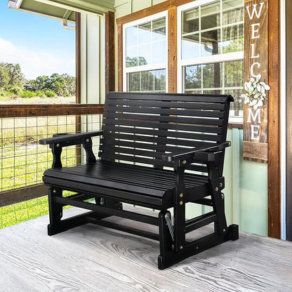 VINGLI Outdoor Glider Wood Patio Chair with Cup Holders, Outdoor Bench Glider Loveseat with Smooth Rocking Mechanism, Heavy Duty 800 LBS, Black
