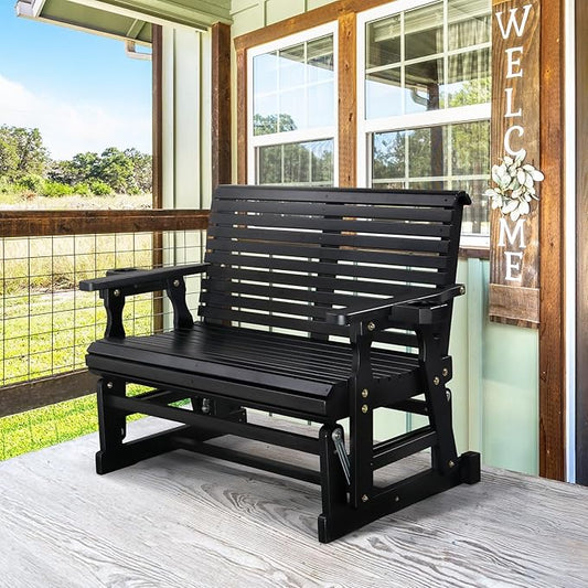 VINGLI Outdoor Glider Wood Patio Chair with Cup Holders, Outdoor Bench Glider Loveseat with Smooth Rocking Mechanism, Heavy Duty 800 LBS, Black