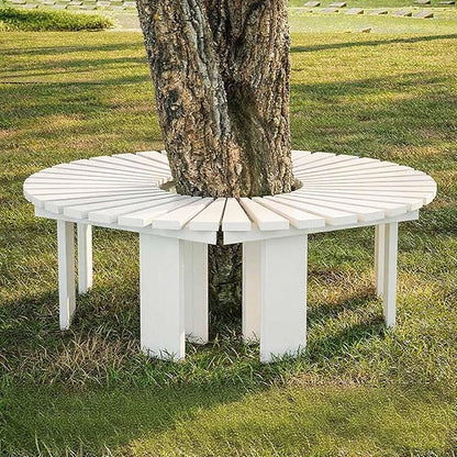 Wooden wrap Around Tree Bench Weatherproof，Semi Circle Garden Bench，Curved Outdoor Bench，for Garden, Park，Patio ，Outside，Plant(White,Circle)