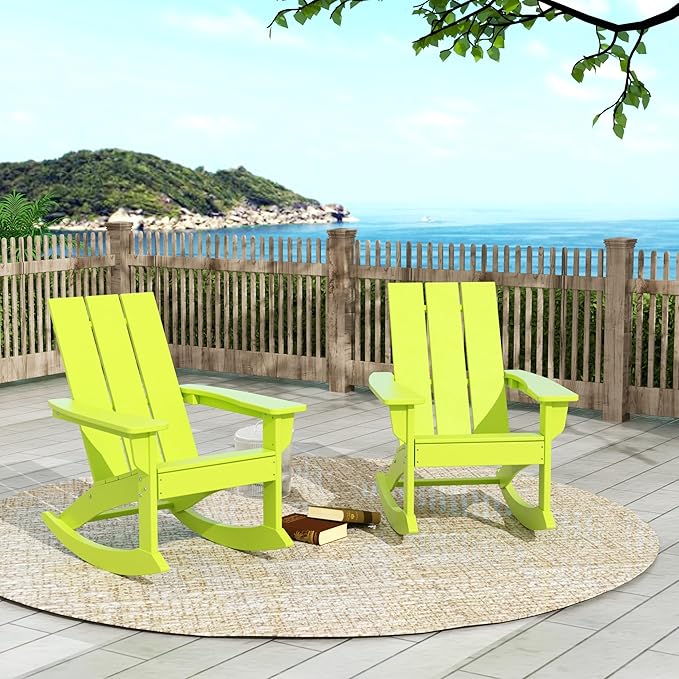 WO WESTIN OUTDOOR HDPE Shoreside Modern Rocking Poly Adirondack Chair (Set of 2),Lime
