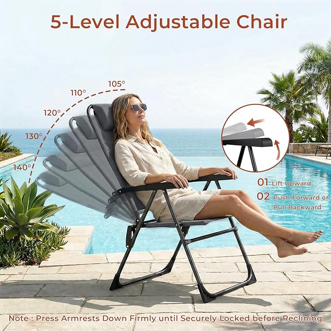 TLSUNNY Folding Patio Chairs Set of 4, Outdoor Lawn Chair w/ 5 Level Adjustable Teslin Back, Removable Headrest - Photo 5