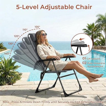 TLSUNNY Folding Patio Chairs Set of 4, Outdoor Lawn Chair w/ 5 Level Adjustable Teslin Back, Removable Headrest, Ergonomic Armrest, Foot Pad, All Weather for Camping, Garden, Pool, 300Lbs (4, Grey)