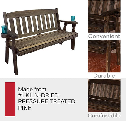 Amish Casual Heavy Duty 800 Lb Mission Pressure Treated Garden Bench with Cupholders (4 Foot, Dark Walnut Stain)