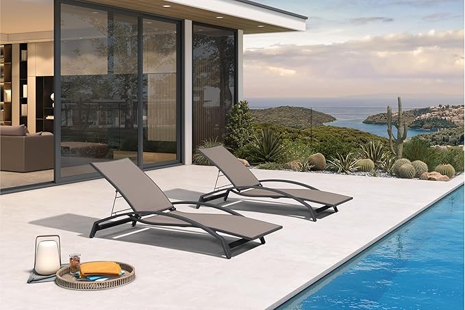 PURPLE LEAF Patio Chaise Lounge Chair Set of 2 Outdoor Lounge Chair with Arm All Weather Adjustable Lounger for Beach Pool Lawn Garden Sunbathing Recliner Chair Brown