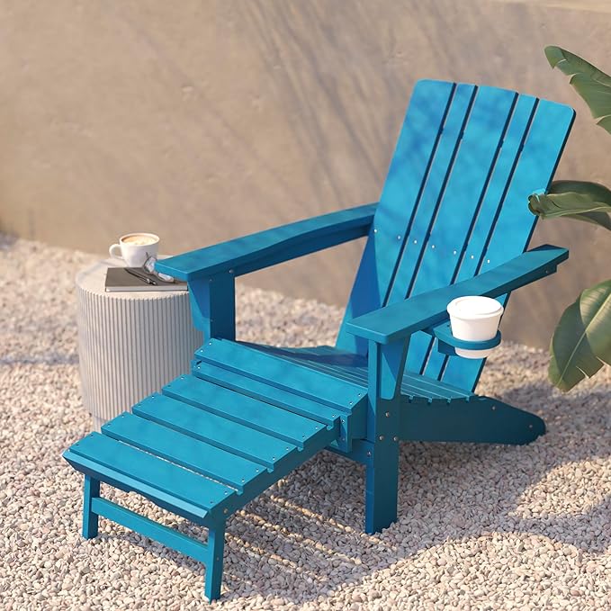 Flash Furniture Halifax Poly Resin Adirondack Chair with Cup Holder and Pull Out Ottoman, All-Weather Poly Resin Indoor/Outdoor Lounge Chair, Blue
