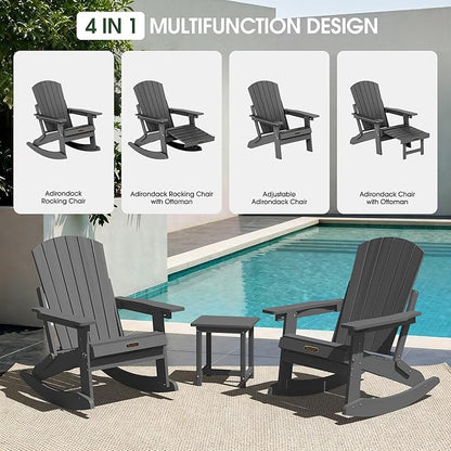 Adirondack Rocking Chair with Retractable Ottoman, 4-in-1 Foldable Reclining Patio Chair, HDPE Wood-Look Outdoor Rocker for Porch, Garden & Poolside, Grey