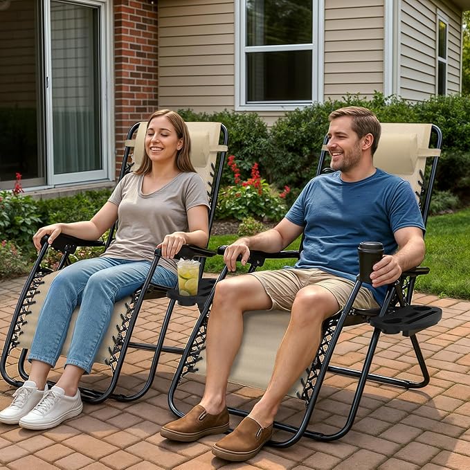 Magshion Zero Gravity Lounge Chair, Adjustable Folding Recliner with Cup Holder Side Tray & Removable Headrest Pillow, Portable Outdoor Patio Lounger for Camping, Beach, Lawn, Backyard