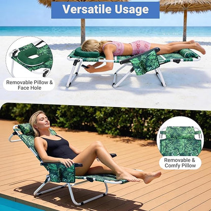 DoCred Heavy Duty Tanning Chair with Face Hole, Adjustable 5-Position Folding Chaise Lounge Chairs for Outside, Portable Lay Flat Beach Lounge Chair for Outdoor Sunbathing Beach Pool Lawn Camping