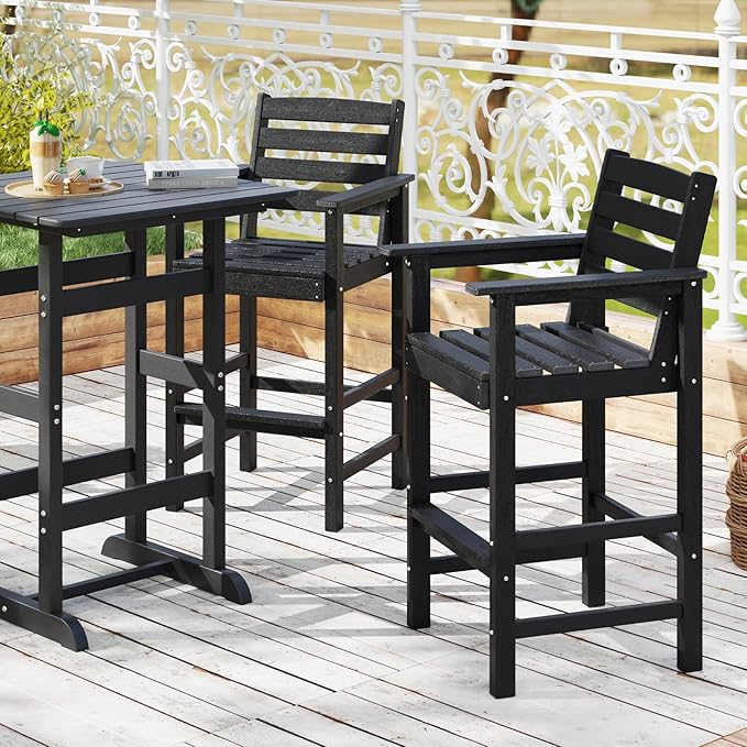 Giantex 29” Bar Stools Set of 2, HDPE Barstools w/Back, Armrests & Footrests, Max Load 330Lbs, Counter Height Bar Stools, Adirondack Chair for Patio Balcony Outdoor Bistro Set, Black