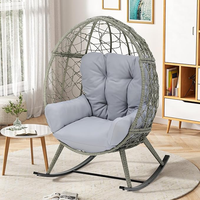 YITAHOME Outdoor Rocking Egg Chair with Cushioned Comfort, Wicker Patio Rocker 250lb Capacity, Anti-Slip, All-Weather Resilient Rattan Design for Indoor & Outdoor Relaxation Spaces, Light Grey