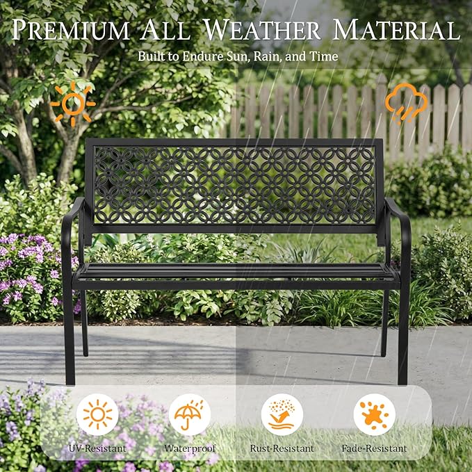 ONBRILL 50" Outdoor Bench, Garden Benches with Galvanized Metal Frame, Front Porch Bench with Floral Backrest, Patio Furniture with Adjustable Feet for Park, Yard, Lawn, Entryway, Black