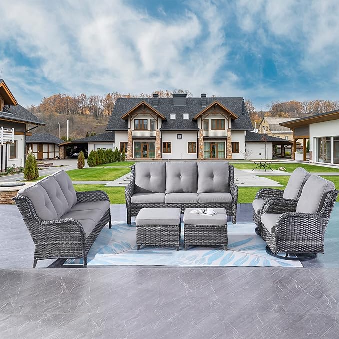Rilyson Wicker Patio Furniture Set - 6 Piece Rattan Outdoor Sectional Conversation Sets with 2 Rocking Swivel Chairs - Photo 1