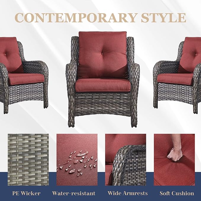 HUMMUH Patio Chairs Wicker Patio Dining Chairs Set of 2 PE Rattan Deep Seating Outdoor Chairs with 4 inch Seat Cushions (Grey/Red)