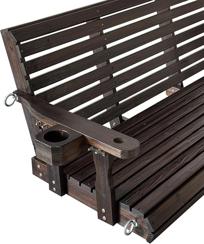 Fortune Candy Wooden Porch Swing 3-Seater, High Backrest and Deep Seat, Bench Swing with Cupholders - Photo 8