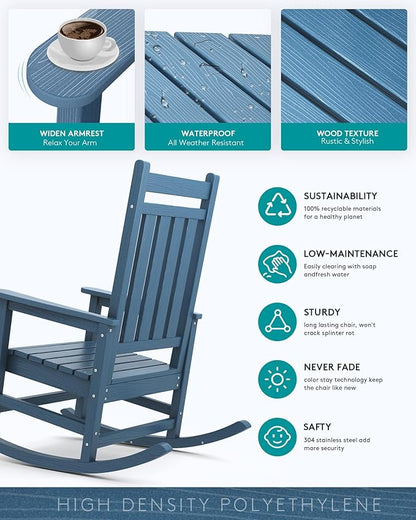 SERWALL Outdoor Rocking Chair Set of 4, Patio Rocking Chairs for Adult, All Weather Resistant Porch Rockers for Lawn Garden, Blue