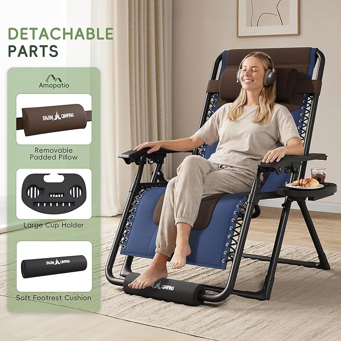Amopatio Foldable Zero Gravity Chair, Oversized Outdoor Reclining Chair, 500LB Weight Capacity XLPatio Recliner with 0-170° Adjustable Backrest, Heavy Duty Lounge Chair with Cup Holder