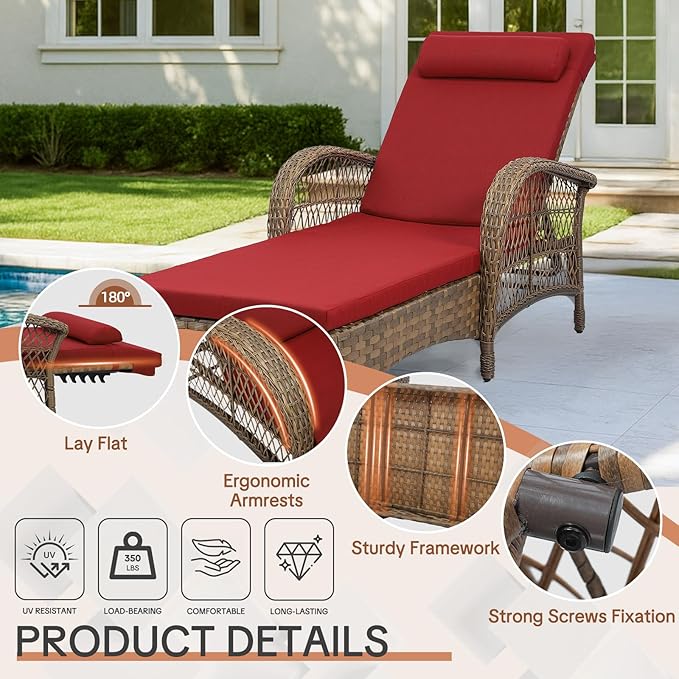 HOMEDIARY Outdoor Wicker Lounge Chair with Cushion, 6-Position Adjustable Patio Chaise Lounge - Photo 4