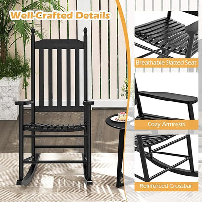 Giantex Outdoor Rocking Chair Set of 2, All Weather Patio Rocker w/Solid Rocking Base & High-Back, Slatted Seat & Back, Acacia Wood Porch Rocker, Wooden Patio Rocking Chair for Poolside, Black