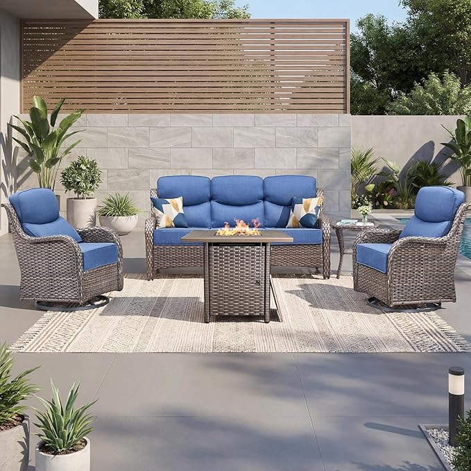 Luxury Patio Furniture Set with 6-inch Thick Cushion, Outdoor Furniture with Fire Pit Table, Swivel Chairs, Side Table, Sofa, 5pcs Wicker Conversation Set for Deck Yard and Poolside(Blue)
