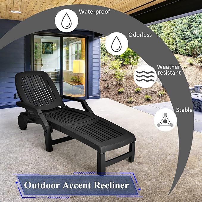 Giantex Chaise Lounge Outdoor, 6 Adjustable Backrests Lounge Chair Recliner, Outdoor Furniture for Patio Poolside Garden, Foldable Sun Lounger with Wheels (1, Black)