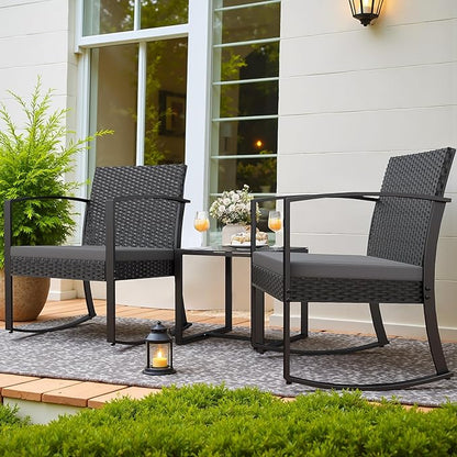Homall Patio Furniture Set 3 Piece Resin Outdoor Bistro Set Rocking Patio Chairs with Cushions and Table for Porch, Poolside, Balcony and Yard (Grey)