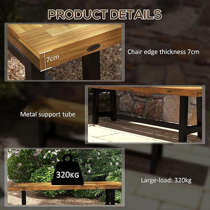 Wooden Outdoor Garden Bench, Park Bench with Acacia Wood Seat, Front Porch Bench with Metal Frame for Conservatory, Poolside, Deck, 63" x 14.25" x 18", Natural