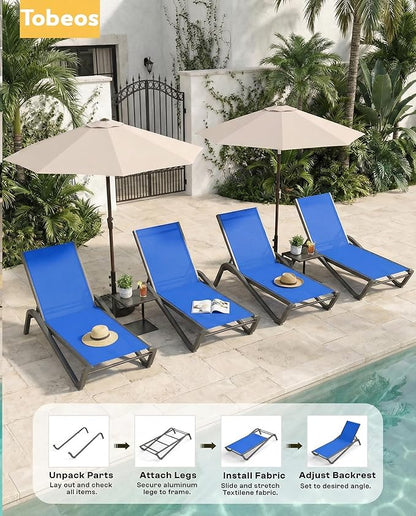 Outdoor Chaise Lounge Chair Set of 2 with Side Table, 5-Position Adjustable Patio Lounge Chair with Aluminum Frame, Textilene Fabric Pool Loung Chairs for Poolside,Deck, Backyard (Royal Blue)
